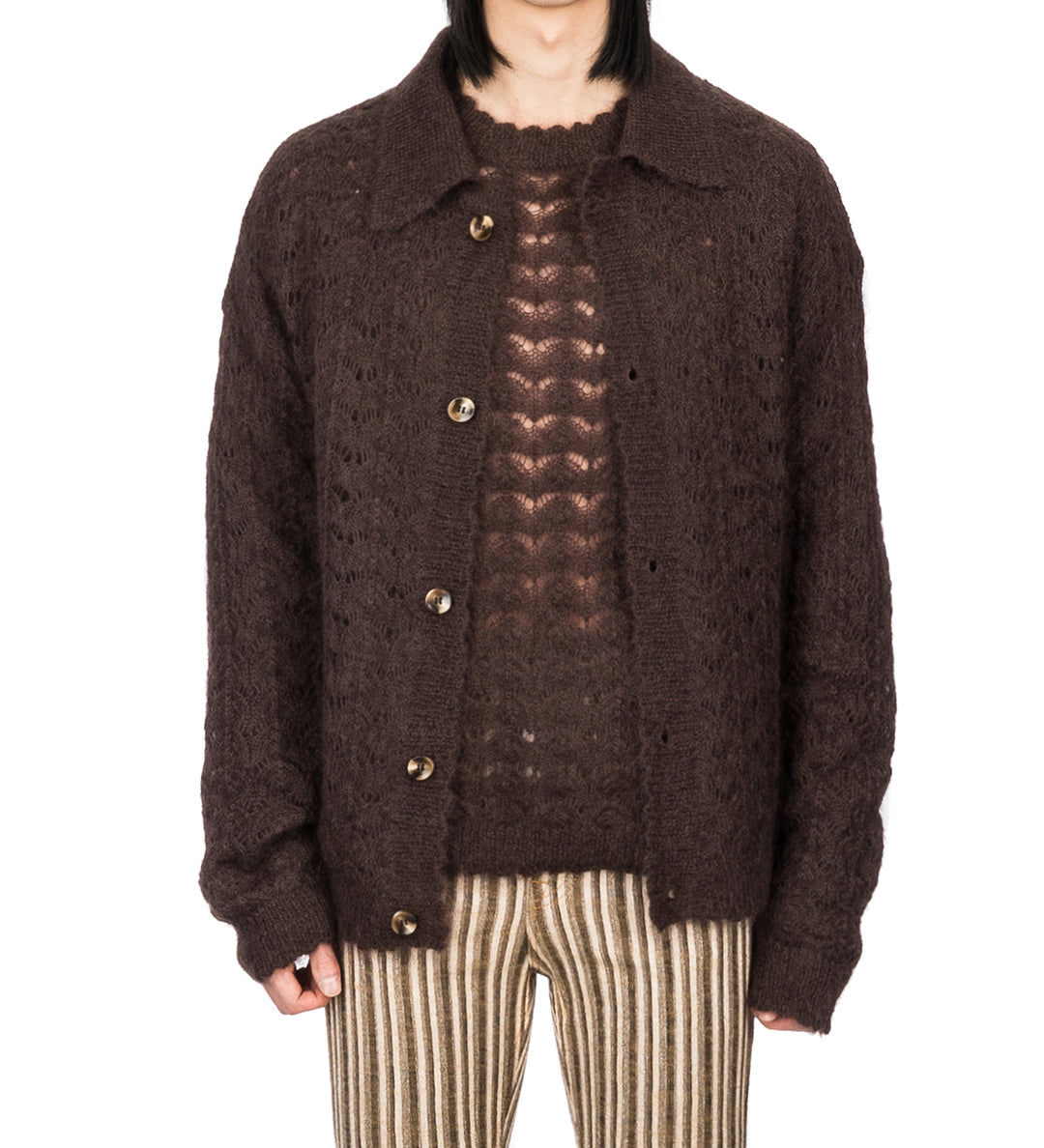 ELM POINTELLE LACE KNIT CARDIGAN DARK BRWON ADDICTED