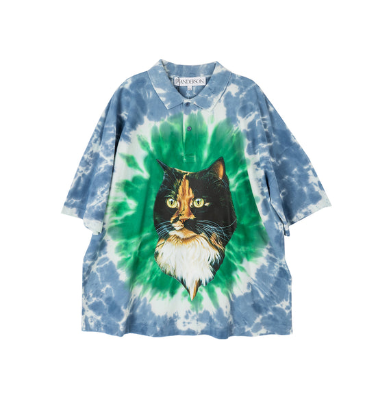 CAT PRINT TIE DYE POLO SHIRT BLUE/OLIVE