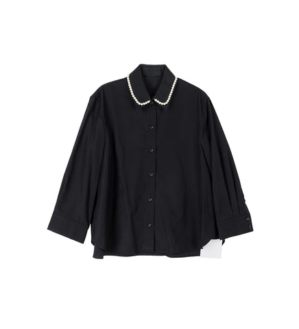 CROPPED MASCULINE SHIRT W/ EMB BLACK/PEARL