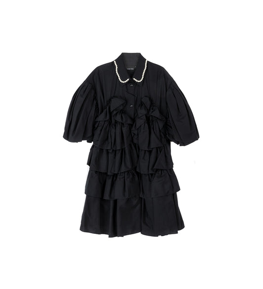 PETAL SLEEVE FRILL SHIRT W/ EMB BLACK/PEARL