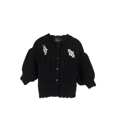 CROPPED CHUNKY KNIT CARDIGAN W/ EMB BLACK