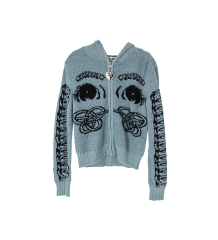 KNOT EYE HOODED CARDIGAN BLUE