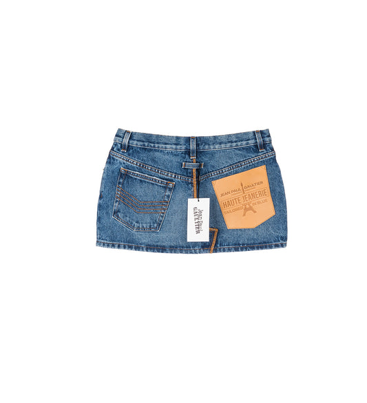 DENIM MINISKIRT WITH LEATHER POCKET BLUE