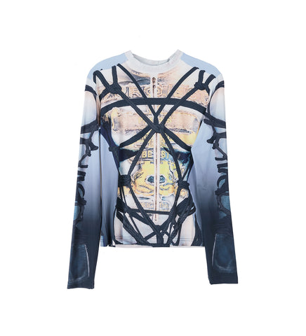 BONDAGE PRINT LONG SLEEVE FITTED TOP BLUE/BLACK