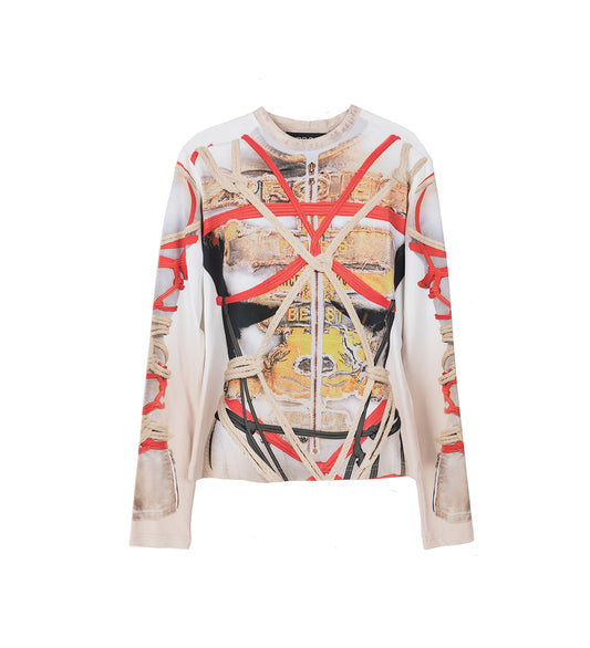 BONDAGE PRINT LONG SLEEVE FITTED TOP BEIGE/WHITE