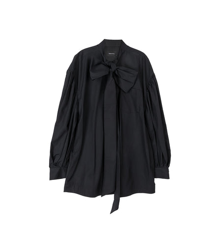 FRONT NECK BOW PUFF SLEEVE SHIRT BLACK