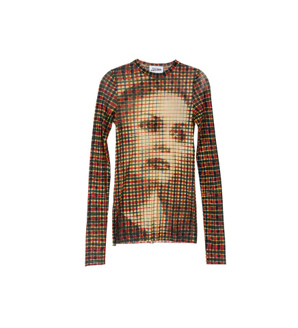 MESH LONG SLEEVE TOP TARTAN FACE SEPIA/YELLOW/BLUE/RED