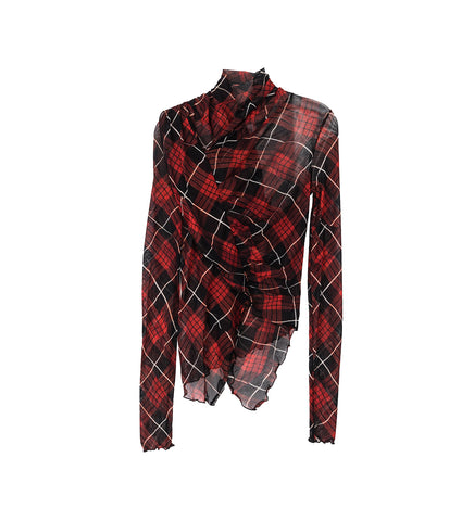 MESH DRAPED LONG SLEEVE TOP DISTORTED TARTAN RED/BLACK/WHITE