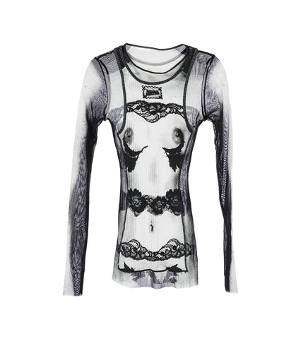 MESH TOP BODY LACE MARINIERE W/ PETIT GRAND RIB BLACK/GREY/WHITE