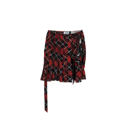 PLEATED MESH SHORT SKIRT DISTORTED TARTAN RED/BLACK/WHITE