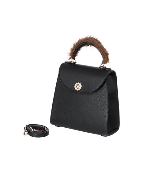 VALENTINE BAG W/ PEARL CROSSBODY STRAP BLACK/BROWN/PEARL