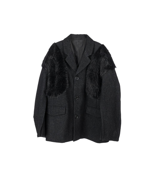 BOXY ARMOUR JACKET W/FAUX FUR DETAIL BLACK