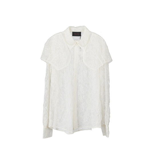 SHEER CLASSIC FIT SHIRT W/CAPS&EMB IVORY/PEARL