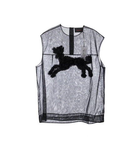 SHEER BOXY TANK TOP W/CREATURE EMBROIDERY BLACK