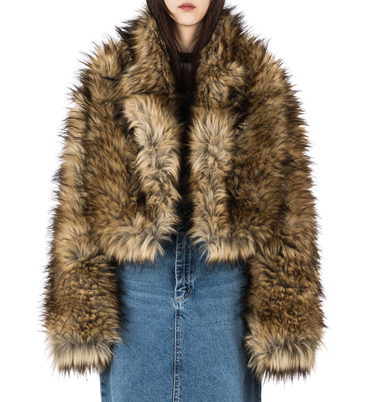 HALI JACKET BROWN FAUX WOLF FUR