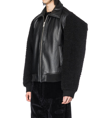 FAUX SHEARLING LEATHER BOMBER JACKET BLACK