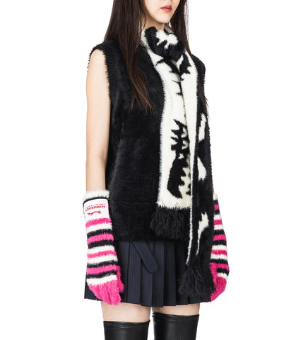 FLUFFY SCARF VEST BLACK/WHITE