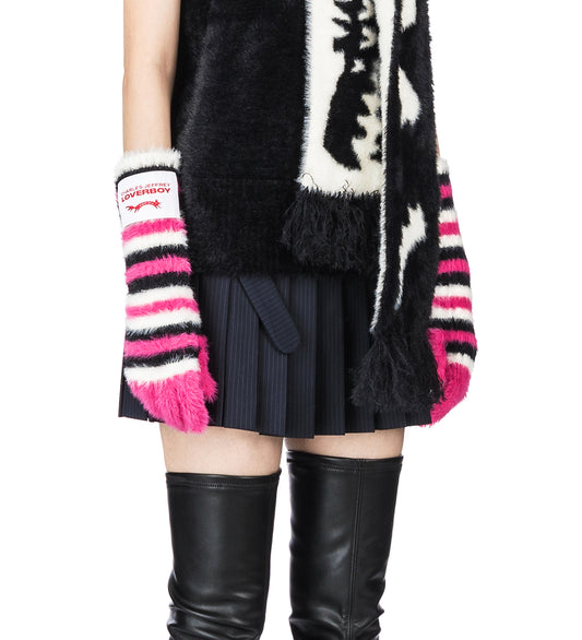 FLUFFY STRIPED GLOVES PINK/BLACK