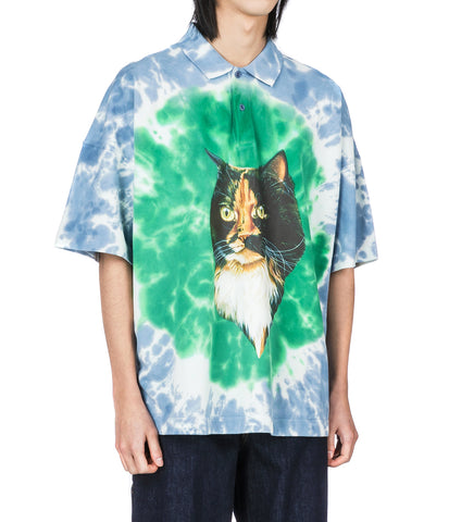 CAT PRINT TIE DYE POLO SHIRT BLUE/OLIVE