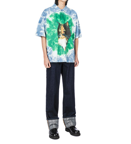 CAT PRINT TIE DYE POLO SHIRT BLUE/OLIVE