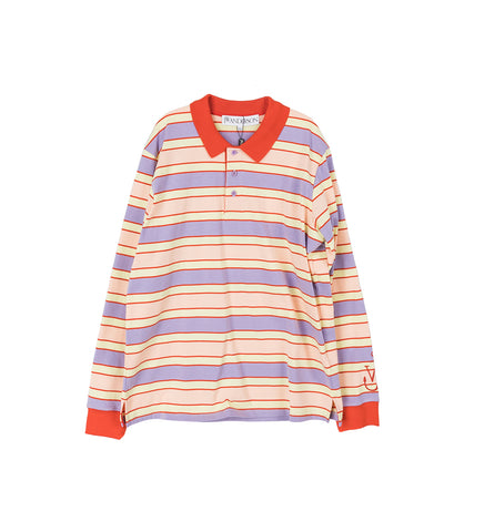 STRIPED CONSTRAST TRIM LS POLO TOP PINK/MULTI