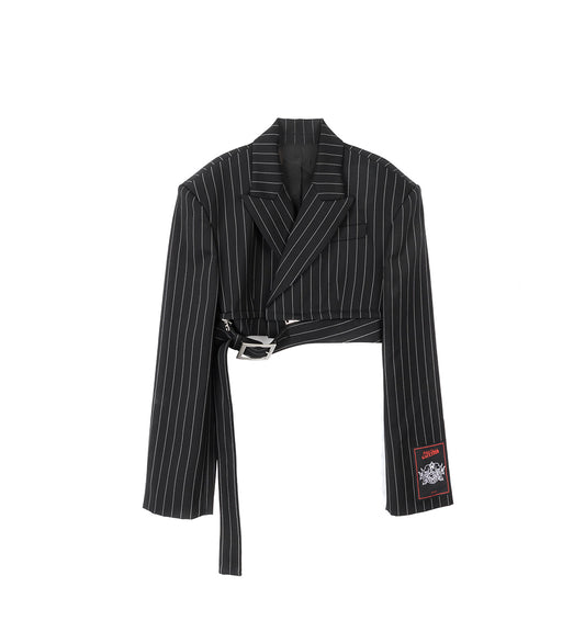 THE CROPPED PINSTRIPE TAILORED JACKET BLACK