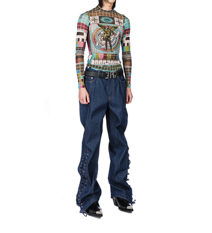 MESH LONG SLEEVE TOP MIRE BLUE/MULTICOLOR