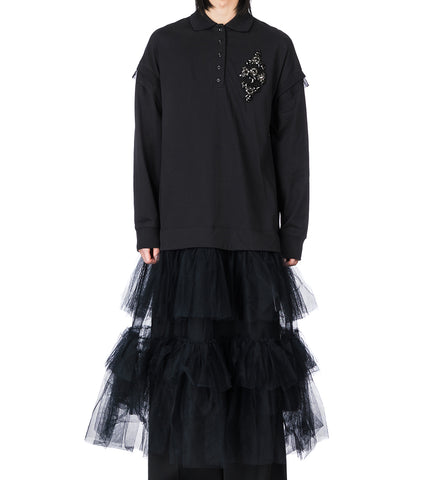 OVERSIZED LONG SLEEVE POLO DRESS W/ EMB BLACK/JET