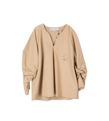 GATHERED SLEEVE V NECK TOP BEIGE