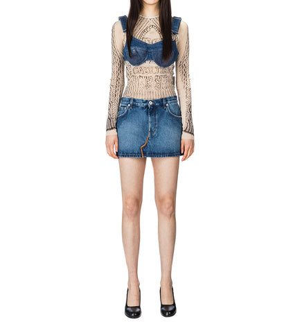 DENIM MINISKIRT WITH LEATHER POCKET BLUE