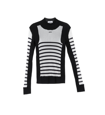 MIX MESH AND KNIT LONG SLEEVES PULLOVER PRINTED "MARINIERE" WHITE/BLACK