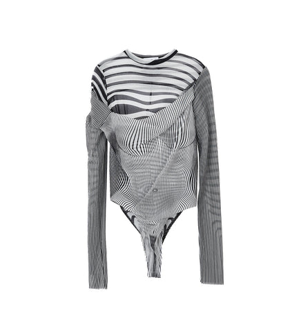 MESH BODY DOUBLE LAYER PRINTED "PINSTRIPE AND MORPHING BODY" WHITE/BLACK