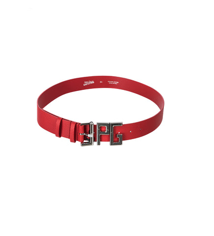 CALFSKIN LEATHER BELT WITH "JPG" METAL LETTERS RED