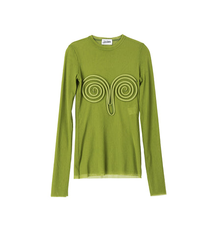 MESH LONG SLEEVES TOP WITH "SPIRAL" EMBELLISHMENT ACID GREEN