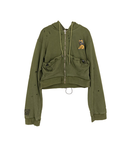 CAMPING CROPPED POUCH HOODIE KHAKI