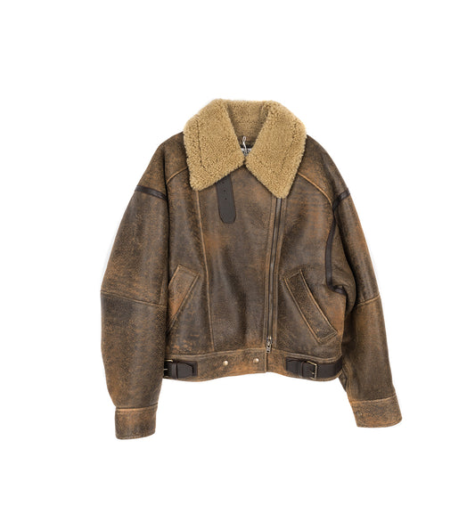 LEATHER SHEARLING JACKET BROWN