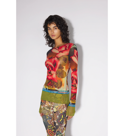 MESH LONG SLEEVES TOP PRINTED "ROSES" GREEN/RED/BLUE