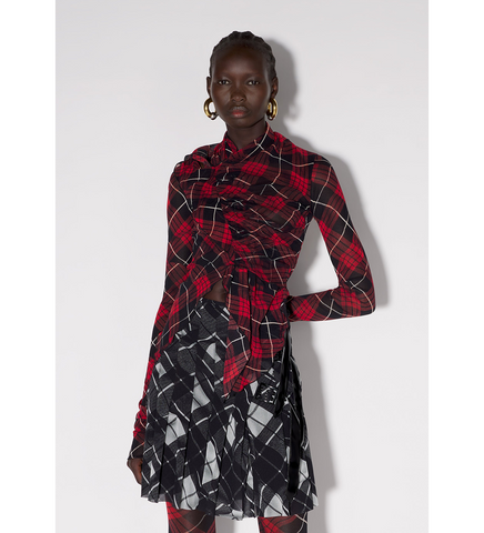 MESH DRAPED LONG SLEEVE TOP DISTORTED TARTAN RED/BLACK/WHITE