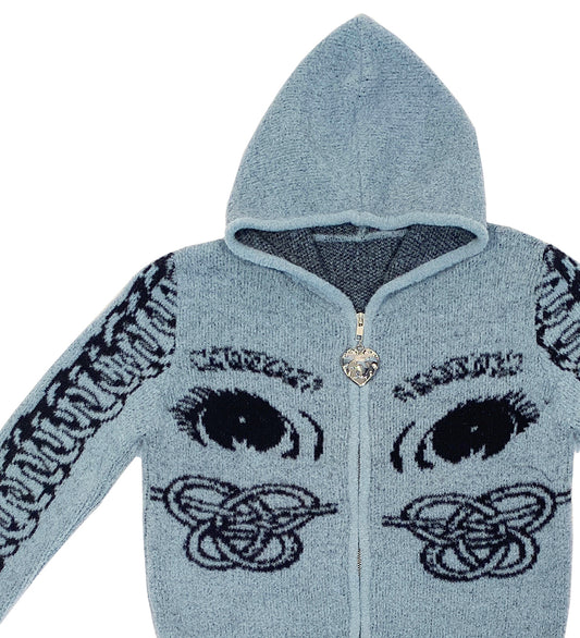 KNOT EYE HOODED CARDIGAN BLUE