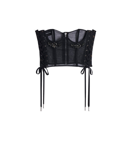 SHORT LACE UP CORSET W/ EMB. BLACK/JET