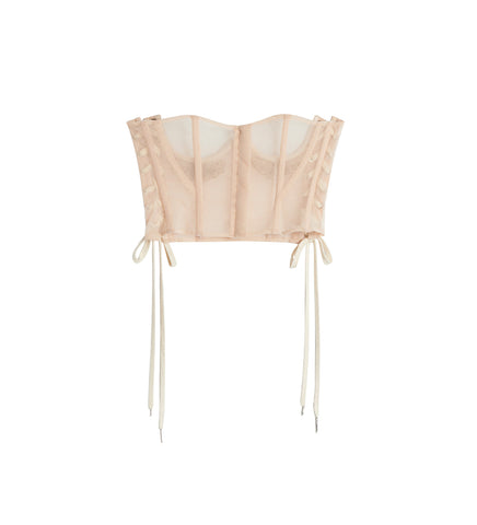 SHORT LACE UP CORSET W/ EMB. NUDE/ CLEAR