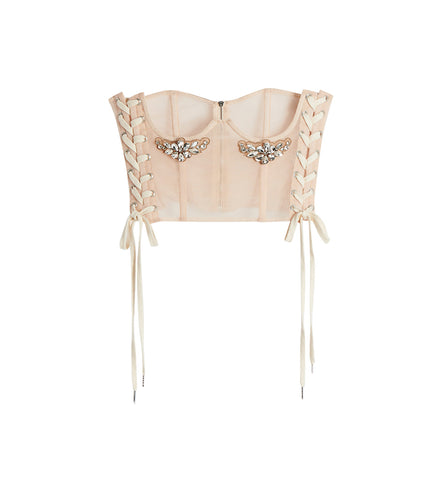 SHORT LACE UP CORSET W/ EMB. NUDE/ CLEAR